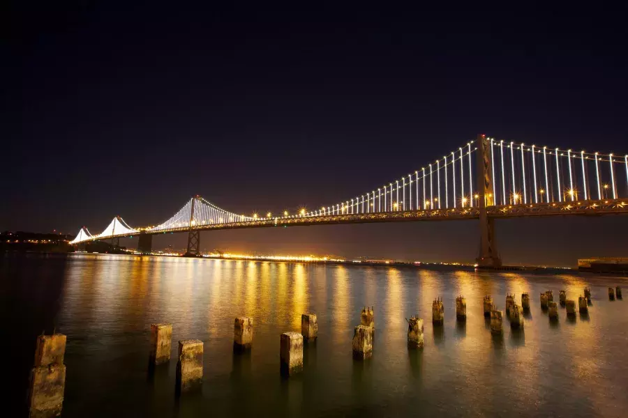 The Bay Bridge at night, showcasing the Bay Lights installation by artist Leo Villareal.