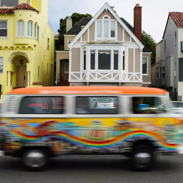 Van driving quickly through San Francisco